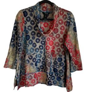 Ali Miles Cowl Neck Top Sz PS Textured Circles 3/4 Sleeves Colorful Artsy Boho